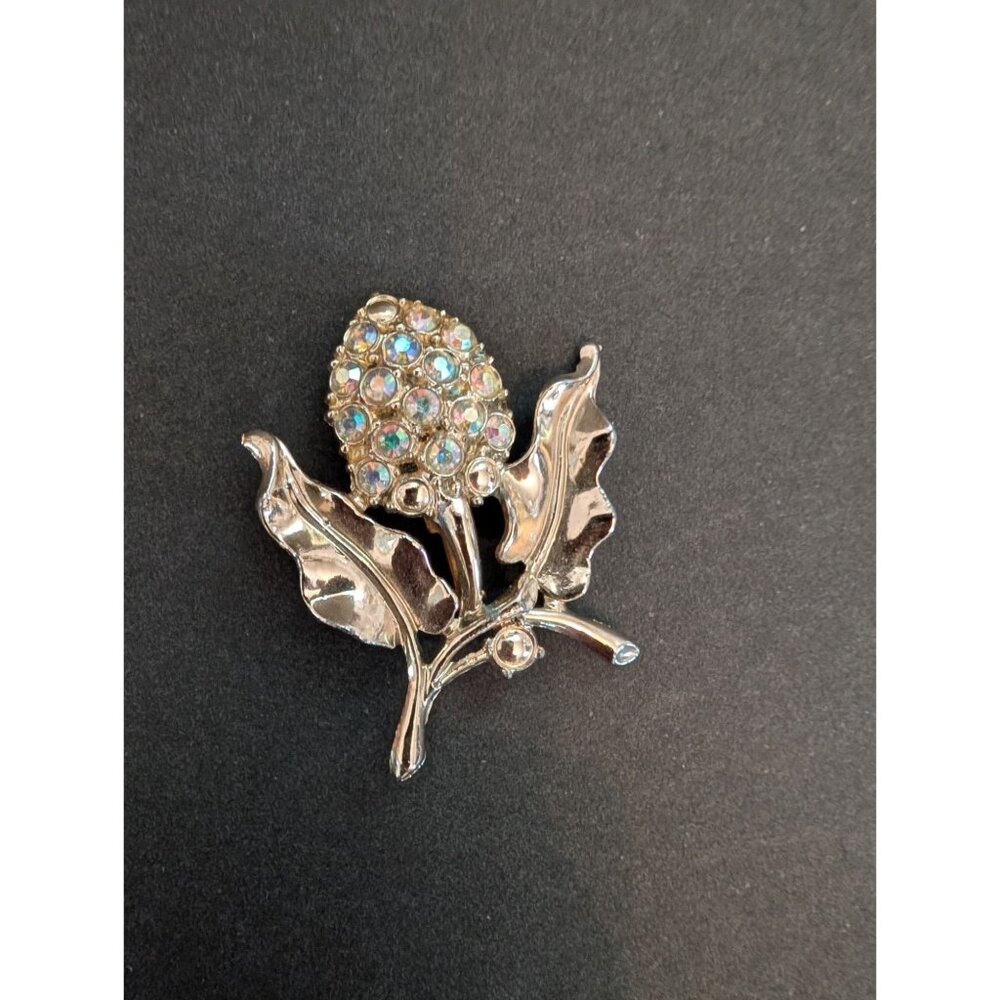 Vintage Silver-Tone Leaf & Pinecone AB Rhinestone Brooch Pin